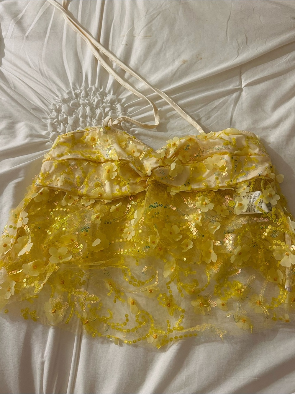 SHEIN Yellow Floral Sequin Halter Crop Top